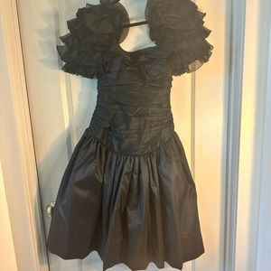 Vintage Rare 1980’s Silk Black Taffeta Ruched Puff Sleeve Prom Dress, size 8